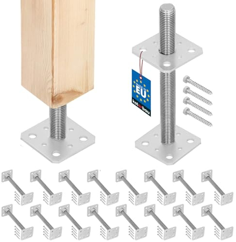 KOTARBAU® 16 st. Stolpfot - Galvaniserat Stål - 80 x 80 x 250 mm - M24 - Silver - Justerbar Stolpfot - för Betong Montering - Galvaniserad Stolpstöd - Stolpsko med Skruvjustering