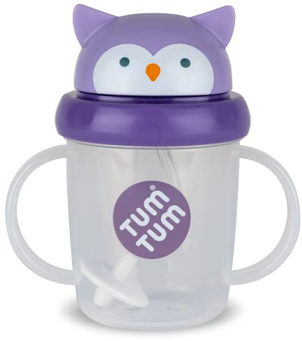 TUM TUM Kopp med viktad sugrör, läckagesäker kopp, bebis-lärande kopp, fällbart lock, silikonsugrör (olivia ugglan 200 ml)