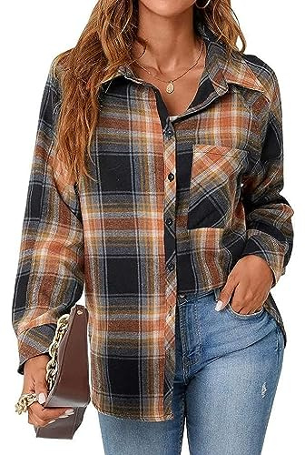 Zontroldy Womens Lightweight Flannel Shirt Plaid Buffalo Long Sleeve Button Down Oversized Flannels Shirts Blouse Tops (0199-KhakiBlack-L)