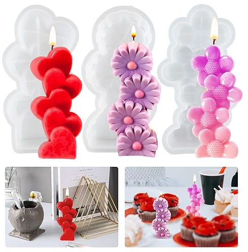 3 Stück Herz Kerzenform Silikonform Blume Kerzen Silikonform 3D Herz Silikon Kerzenform Herzform Blumen Kerzengießformen DIY Herz Kerzen Formen Herz Harzform Blumen Gießform für Kerzen Seife Fondant
