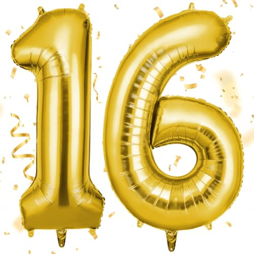 OFFCUP 40 Inch Gold Number 16 Balloon for 16st Birthday Decoration, Birthday Balloons Large Foil Number 1 & 6 Balloons Self Inflating for Boys Girls Men Women Birthdays Anniversary Party Decorations