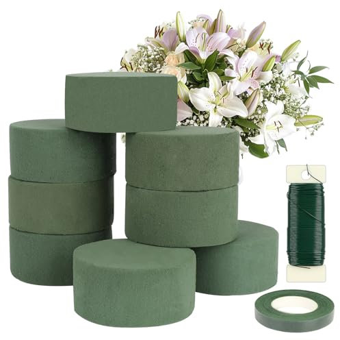 GOTRUST 10PCS Spugna per Fiori Rotonda, Blocco Spugna Floreale Rotondi, Cilindro Spugna Floreali, Blocchi di Schiuma Floreale con Nastro Adesivo e Filo per Fiori Finti Oasi, Fiorista, Matrimonio