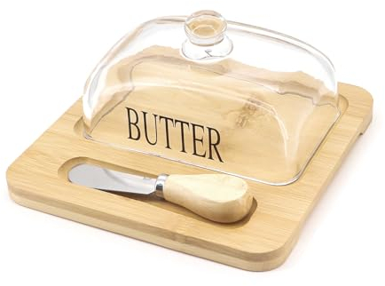 Beowanzk Bamboo Butter Dish Set with Knife - Natural Wood Base, Glass Cloche & Stainless Steel Spreader | Elegant Tableware for Dining & Kitchen