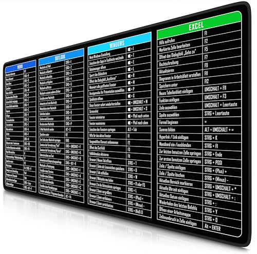 TITANWOLF - XXL Speed Gaming Mauspad 900 x 400mm - Excel Windows Outlook Word Shortcut Tastenkürzel auf DEUTSCH - Schwarz