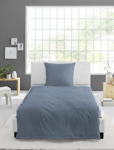 Bierbaum Biancheria da letto, 3000, Seersucker in tinta unita, disegnata in Germania, blu 29, 155 x 220 + 80 x 80 cm, dimensioni comfort