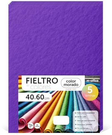 m-office Fieltro para Manualidades, Fieltro de Colores, Suave y Flexible, Material para Costura, Telas Patchwork, Ideal para proyectos DIY, artesanía o decoración, 40x60cm (morado, 5 uds)