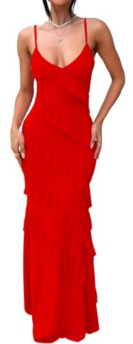 HOCILLE Women's Sexy V Neck Backless Bodycon Spaghetti Strap Elegant Ruffle Maxi Cocktail Party Dresses, X-Large, Red