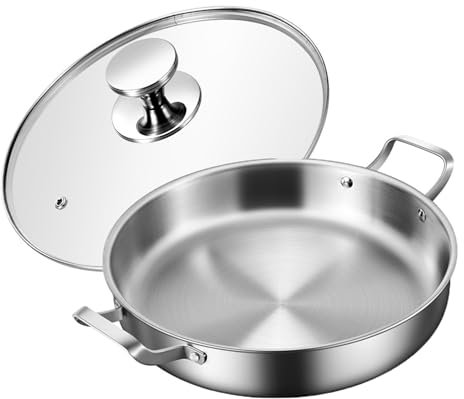 UGCER 316 rostfritt stål paellapanna med lock, omelettpanna non-stick obelagd med dubbla handtag, paella köksredskap för hem eller restauranger, 34 cm