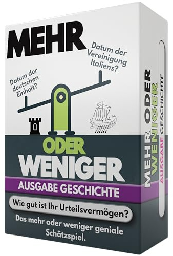 Mehr Oder Weniger Kartenspiel | Ausgabe Geschichte | Wie gut ist Ihr Urteilsvermögen? Spiel für Erwachsene, Famile & Kinder | 2+ Spieler | Familienspiel | Reisespiel