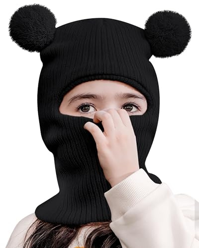 KAKU NANU Stickad mössa för pojkar med balaclava, pom och öronmuffar för pojkar och flickor i åldrarna 2 till 8 år