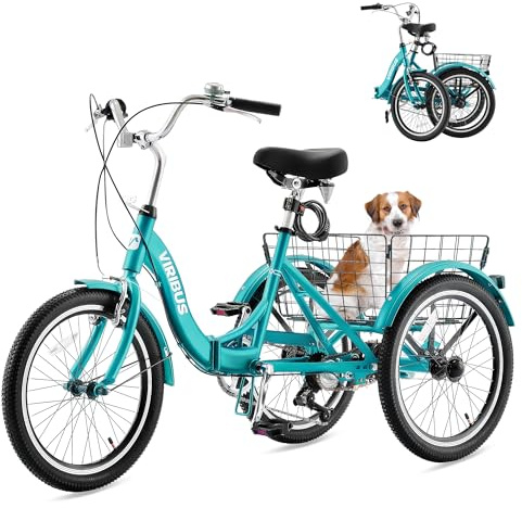VIRIBUS Folding Tricycle for Adults, 20 inch 7 Speed Foldable Adult Tricycle for Women Men Seniors with Dual Chain, Folding 3 Wheel Bike with Lock, Collapsible Three Wheel Bicycle 330 lb. Teal