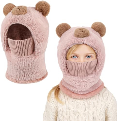 AYPOW Passamontagna Invernale con Fodera in pile Termico Bambini 4-12Anni, Maschera da Sci in Maglia, Antivento Berretti Cappello Caldo con Orecchie Cappuccio Scaldacollo Sciarpa per Ragazzi Ragazze