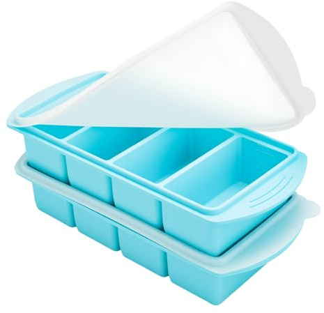 Set med 2 silikonsoppformar, med 4 fack och BPA-fria lock, perfekt för portionering och frysning av soppor, såser och mat för att förbereda