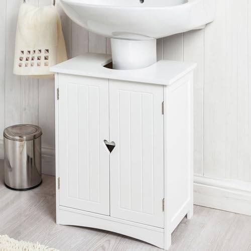wilko Oxford Bathroom Sink Unit, White, Storage Vanity Cabinet, 123 x 48 x 30cm, Whitewash Finish, Heart Handle Design