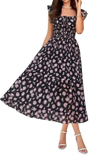 GRACE KARIN Women's Floral Summer Dress, Elegant Ruffle Sleeves Wedding Guest Dress, Elastic Waist A Line Midi Dresses M Black and Pink