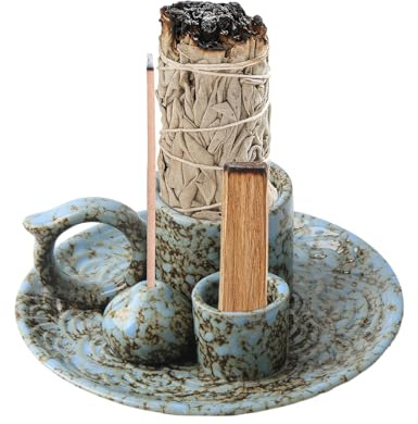 Luckwaii Soporte de incienso 4 en 1 de cerámica, multifuncional, bandeja con asa para meditación, hogar, relajación, quema de velas de salvia, conos de incienso Palo Santo (azul)