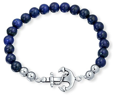 Bling Jewelry Impilabile Navy Blue Lapis Lazuli Filo Palla Perlina Stretch Nautico Corda Barca Ancora Bracciale Per Le Donne Uomini In Acciaio Inox Tono Argento