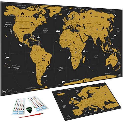 WIDETA Mappa del mondo da grattare, XXL (82 x 43 cm) - Bonus mappa dell’Europa y accessori