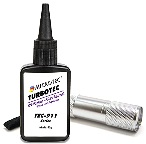 Microtec® Turbotec 911 dünnflüssiger UV-Kleber | Ausbesserung von Rissen und Sprüngen | für Glas/Metall/Kunststoff | 50g | mit UV-Taschenlampe | lichthärtender und transparenter Klebstoff