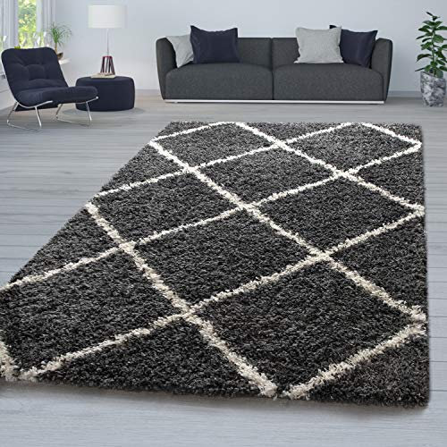 TT Home Tappeto per soggiorno a pelo alto shaggy moderno design a rombi in effetto scandinavo, Colore: Antracite, Dimensione:240x340 cm
