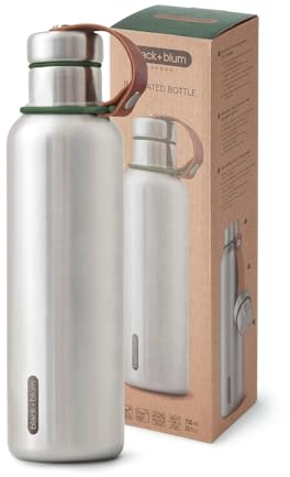 BLACK+BLUM - Water Bottle - Stainless Steel Thermal Insulated Leak Proof Travel Thermo Flask with Wide Spout and Stylish Vegan Leather Carry Loop - Keeps Hot for 12 hrs, Cold for 24 hrs, Olive - 750ml