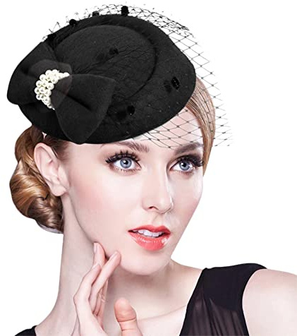 IBLUELOVER Chapeau Bibi Mariée en Voile et Laine Chapeau Mariage Mini Béret avec n½UD Chapeau Melon Fascinator Elégant Accessoires Clip à Cheveux Bonnet Rétro Cérémonie Thé Soirée Déguisment