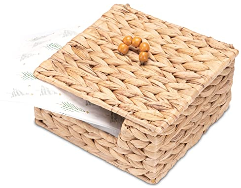 Decorasian Serviettenhalter geflochten aus Wasserhyazinthe – Servietten Aufbewahrung mit Deckel für alle üblichen Papierservietten – Halter im Vintage Boho Stil