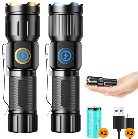 Skylla Mini LED Taschenlampe aufladbar extrem hell torch USB Wasserdichte IPX6 2500 Lumen 5 Licht Modi Variable Zoom Handfackeln Notfall Tasche Blitz (2 Stück)
