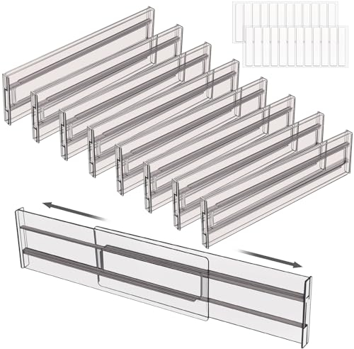 ZHHGOO 8 Pezzi Divisori per Cassetti Regolabili,Cassetti in Plastica Grigio Trasparente Separatori,Divisori per Cassetti,Organizer Armadio o Desktop per Bagno,Comò, Cucina o Trucco Conservazione