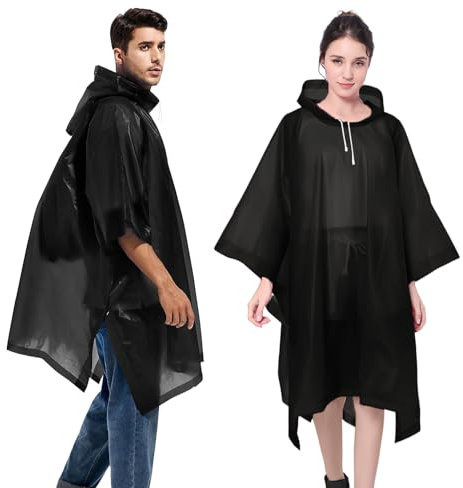 Bosdontek 2 Pezzi Poncho Antipioggia Impermeabile per Adulti, Riutilizzabile Poncho Impermeabile Portatile Mantella Antipiggia Uomo con Cappuccio per Festival Concerto Trekking Escursione (Nero)