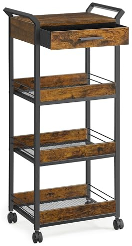 VASAGLE Storage Trolley, 4-Tier Rolling Cart with Table Top, Handles, 4 Lockable Castors, Top Drawer, Mesh Shelves, for Kitchen, Bathroom, Bedroom, Rustic Brown and Ink Black LRC049K01