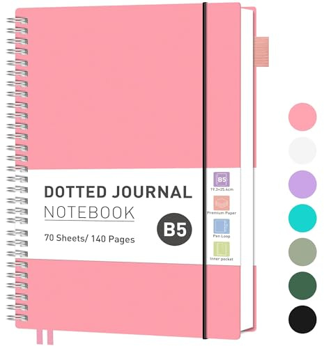 RETTACY Anteckningsbok B5-prickig, bullet journal, lätt collegeblock, 140 ark/70 sidor att skriva, 100 gsm, PVC-bok, för kvinnor och män arbete kontor, 19,3 x 25,4 cm – rosa