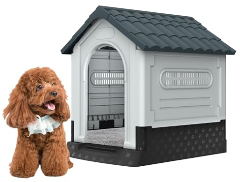 FIVMEN Hundehütte Outdoor Hundehöhle Hundehaus mit Tür und Oberlichter Wasserdicht & UV-beständig Draußen Kunststoff Haustierhaus Grau,65x56,5x67cm