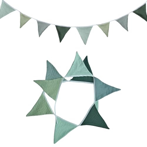 Wimpelkette Kinderzimmer,Wimpelgirlande Outdoor Wetterfest,Musselin Baumwolle Stoff Wimpel Girlande,Baby Deko Zimmer,Babyzimmer Dekoration Grün,Wanddeko,Hausbett Deko Junge,Wimpel Banner