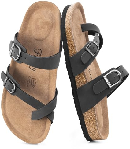 FITORY Women's Slide Sandals with Soft Cork Footbed, Comfort Arch Support Flat Sandals for Summer Matte Black Size 7