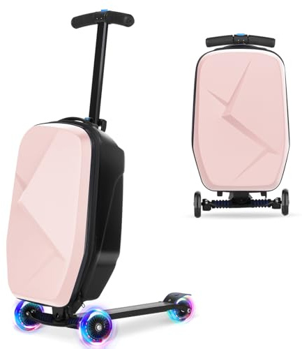 Scooter Luggage For Kids & Adults， Hardside Ride On Suitcase For Kids Ages 4-15 Multifunctional Lightweight Foldable Carry On Luggage With Wheels Ride On For Children Teenagers (Light Pink, 20)