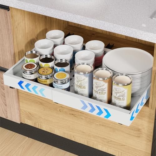 iHomara 1 Pack erweiterbarer ausziehbarer Schrankorganisator mit Klebefläche, 53 cm tiefe Schubladen für Küchenunterschränke, verstellbare Breite 32 cm-53 cm（Weiß）