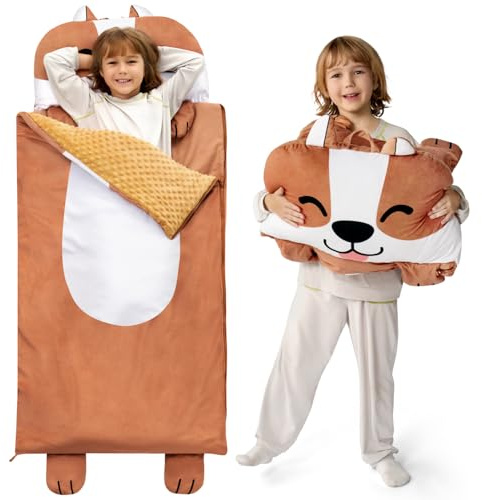 Joiedomi 152 x 69cm Sac de Couchage Enfant Chien Brun, Tapis de Couchage Enroulable pour Le Milieu préscolaire, pour garçons et Filles, Maternelle, Nuit de 3 à 7 Ans