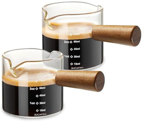 2 Tasses à Expresso avec Poignée en Bois - Tasses à Café avec Bec Verseur Double et Double Échelle, 100 ml, Matériau en Verre Borosilicaté Haute Teneur en Bore, Bec en V, Idéal pour Café, Lait et Plus