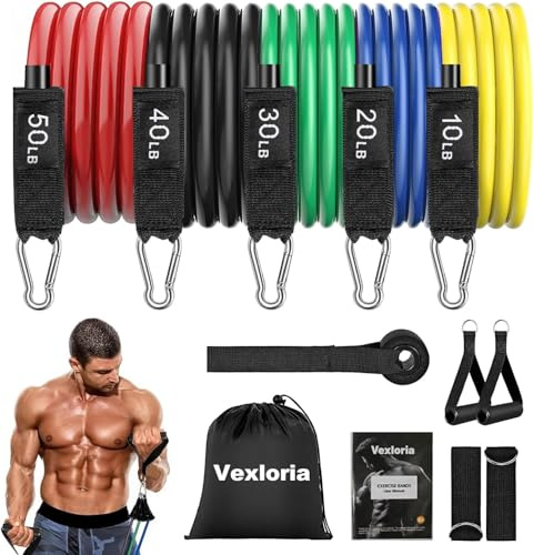 Vexloria Élastique Musculation, 5 Niveaux différents Élastique, Bande Elastique Musculation pour Fitness Pilates Yoga, avec Grandes Poignées, Sangles de Cheville, Accessoire d'ancrage de Porte, Coloré