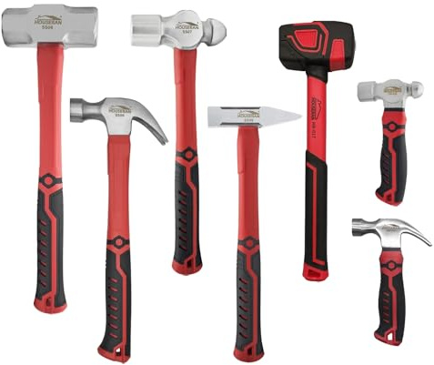 HOUSERAN 7-Pieces Hammer Set, 16 oz Claw Hammer, 12oz Claw Hammer, 13oz Ball Peen Hammer, 2 Lb Ball Peen Hammer, 3 Lb Sledge Hammer, Engineer Hammer, 10oz Rubber Mallet