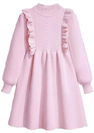 OrJana Vestito in Maglia per Bambina, Lavorato a Coste con Volant, Manica Lunga, Stile Principessa, Taglia 2-8 Anni (IT, età, 4 Anni, 5 Anni, Rosa Antico)
