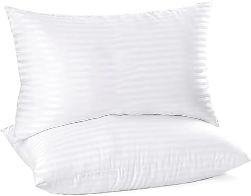 Home Hotel Quality Bed Pillows 2 Pack – Soft Hollow Fibre Filling, Breathable Egyptian Cotton Striped Cover, Dust-Mite Resistant Support for Side & Back Sleepers, White, 19 × 29 Inch