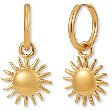 Creoler med hänge | Hängande örhängen med sol i 316L rostfritt stål pläterade med 18K guld, roséguld eller silver | Vattentåliga damörhängen (16 mm)