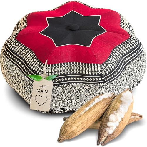 livasia cuscino da meditazione a stella grande - Ø 40x20cm - cuscino per yoga kapok, pouf, cuscino per pavimento zen, cuscino zafu giardino balcone, cuscino per sedersi fatto a mano (Nero/Rosso)