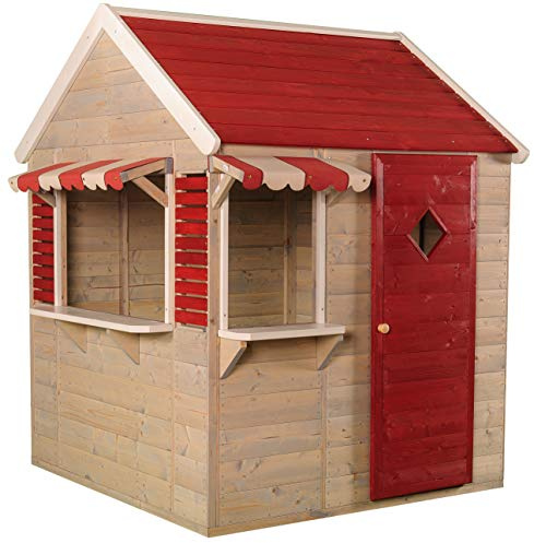 Wendi Toys casetta in legno per bambini 120×120×155 cm, con porta, persiane, tettoia e pavimento, casetta da giardino in legno FSC resistente alle intemperie, rossa - M16R