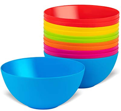 PLASKIDY Plastic Bowls Set of 12 Kids Bowls - 24 Oz Microwave & Dishwasher Safe, BPA Free, Brightly Colored for Cereal, Soup, Snack, Fruit or Salad