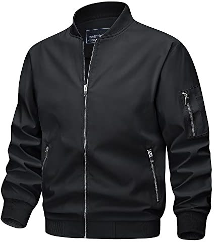 TACVASEN Herren Bomberjacke Fliegerjacke Übergangsjacke Leicht Pilotenjacke Bomber Jacke Windjacke Herbstjacke für Männer (XL, Schwarz)