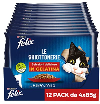 Purina Felix Le Ghiottonerie Cibo Umido per Gatti con Manzo e Pollo, 48 buste da 85g