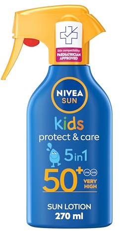 NIVEA SUN Kids Protect & Care SPF 50+ - Spray con gatillo (270 ml), protector solar resistente al agua, crema solar para niños que proporciona protección instantánea y eficaz contra los rayos UVA +